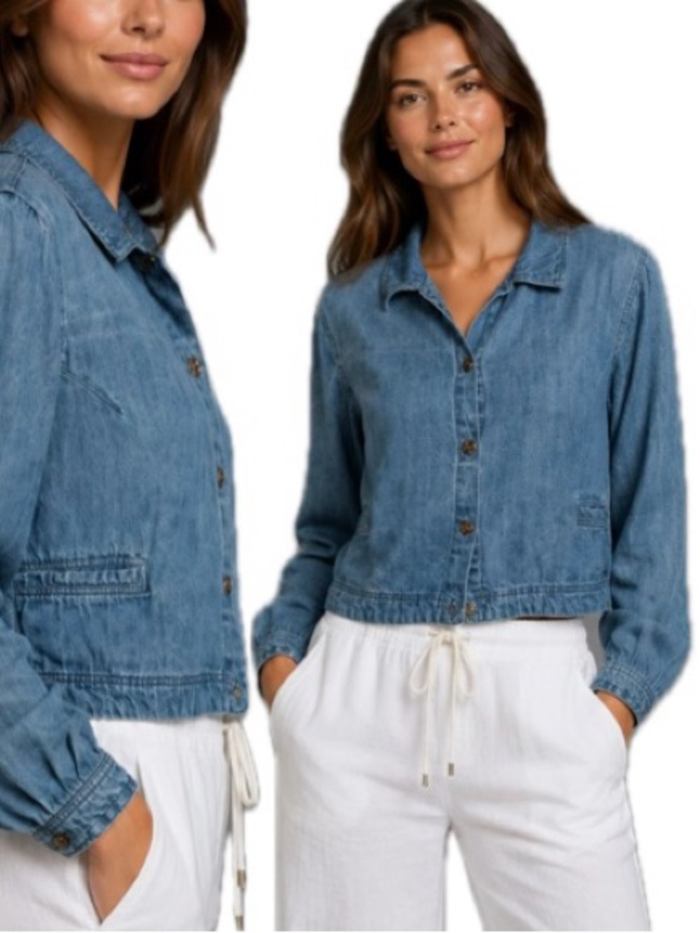 Citron Bleu Tencel Denim Shirt Jacket Womens Size M Button Front Cropped Shacket